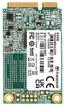 TRANSCEND MSA220S 64 GB SSD disk mSATA, SATA III 6 Gb/s (3D TLC), 550 MB/s R, 350 MB/s W