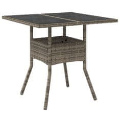 Vidaxl Záhradný stôl so sklenenou doskou, sivý 80x80x75 cm, polyratan