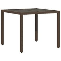 Vidaxl Záhradný stôl so sklenenou doskou, hnedý 90x90x75 cm, polyratan