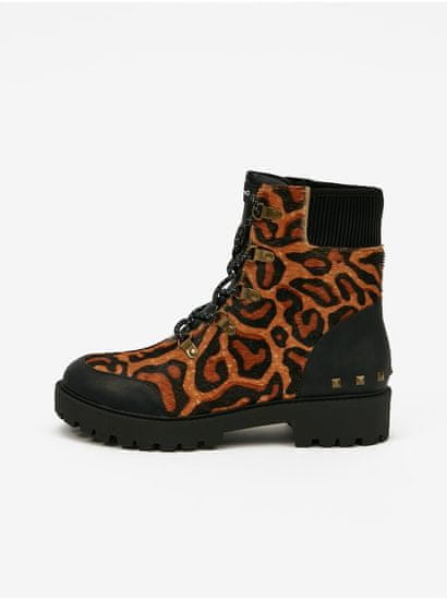 Desigual Hnedé dámske kožené členkové topánky s leopardím vzorom Desigual Biker Leopard