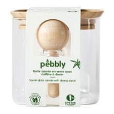 Pebbly Dóza , PKV-049, sklenená, štvorcová, na potraviny, 800 ml, bambusové veko, odmerka 5 ml, 11 x 11 x 11 cm