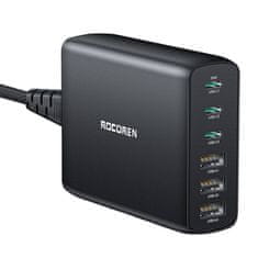 slomart Sieťová nabíjačka Rocoren 3x USB-C, 3x USB, GaN, 100W (čierna)