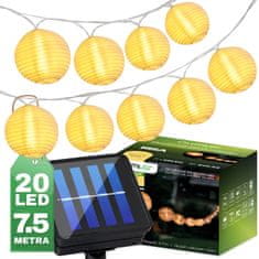 LUMILED Solárne záhradné svietidlo LED svetelná reťaz 7,59m GIRLANDA RISA s 20x LED dekoratívne lucerny 3000K Teplá biela