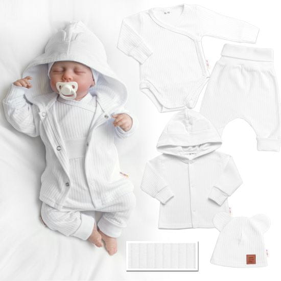 Baby Nellys Rebrovaná rastúca súprava 4D, zavin. body, nohavice, kabátik a čiapočka, biela, vel. 62/68