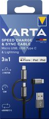 VARTA kábel 3v1 USB-A - Lightning/microUSB/USB-C, 12W, 2m
