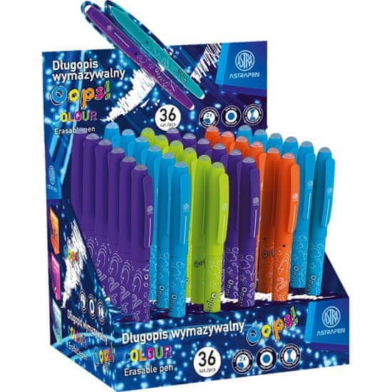 Astra Gumovateľné pero OOPS!, 0,6mm, modré, dve gumy, mix farieb, stojan, 201120001