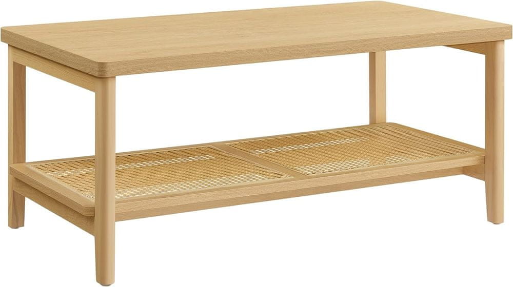 shumee 2-poschodový konferenčný stolík s úložným priestorom, konferenčný stolík do obývačky, ratanový policový stolík z PVC, zaoblené rohy, boho štýl