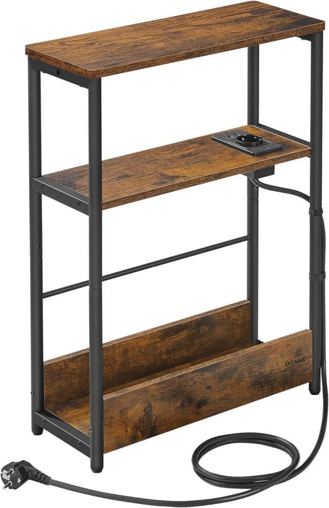 shumee Úzky bočný stolík s napájacou lištou, 3-poschodový nočný stolík, koncový stolík, do malých priestorov, stojan na časopisy, obývačka, spálňa, k