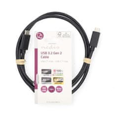 Nedis USB kábel | USB 3.2 Gen 2x2 | USB-C samec | USB-C samec | 100 W | 4K @ 60 Hz | 20 Gbps | Poniklované | 1,00 m | Okrúhle | PVC | Čierna | Označenie 