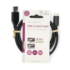 Nedis USB kábel | USB 3.2 Gen 2 | USB-A samec | USB-C samec | 60 W | 10 Gbps | Poniklované | 1,00 m | Okrúhle | PVC | Čierna | Označenie 