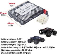 YUNIQUE GREEN-CLEAN Sada 2 nabíjacích lítium-iónových batérií 9,6 V 800 mAh 20C so zástrčkou EL-6P a USB nabíjačkou - kompatibilná s RC autami, terénnymi nákladnými autami a skokanmi