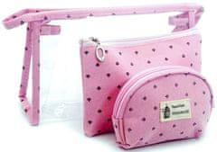 Camerazar Sada 3 toaletných kufríkov v ružovej, priehľadnej a textilnej farbe, rozmery 15x25x8 cm, 12,5x18,5x2 cm a 11,5x14x3,5 cm