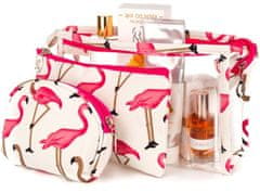 Camerazar Sada troch toaletných kufríkov Flamingo, Transparent a Látka, rozmery 15x25x8 cm, 12,5x18,5x2 cm a 11,5x14x3,5 cm