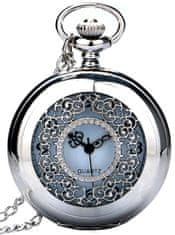 Camerazar Steampunkové vreckové hodinky, strieborné ažurové hodinky, šperky z kovu, biely ciferník s arabskými číslicami, dĺžka reťaze 37 cm