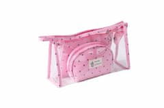 Camerazar Sada 3 toaletných kufríkov v ružovej, priehľadnej a textilnej farbe, rozmery 15x25x8 cm, 12,5x18,5x2 cm a 11,5x14x3,5 cm