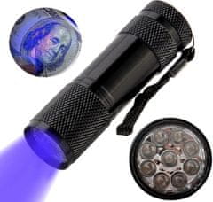 Camerazar Mini baterka s UV detektorom, čierna hliníková zliatina, 9 LED diód, 87x26 mm
