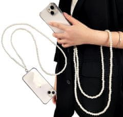 Camerazar Elegantný prívesok na telefón s perlovou šnúrkou, biely, dĺžka 120 cm