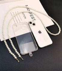 Camerazar Elegantný prívesok na telefón s perlovou šnúrkou, biely, dĺžka 120 cm