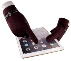 Camerazar Dámske elegantné zimné rukavice, nepremokavé na dotyk, hnedé s kožušinovými manžetami, 22,5x9,5 cm