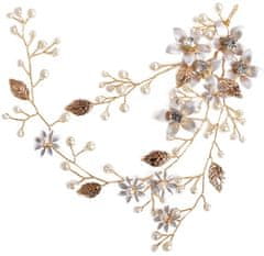 Camerazar Svadobná ozdoba do vlasov s perlami a zlatými listami, kov, 22x9 cm