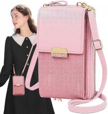 Camerazar Dámska miniatúrna taška na telefón s peňaženkou, ružová, z mäkkej ekologickej umelej kože, 18x11x4,5 cm