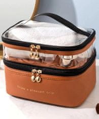 Camerazar Dvojitý kozmetický kufrík z kvalitnej umelej kože, hnedý, 23x15,5x17,5 cm