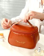 Camerazar Priestranná kozmetická taška z kvalitnej hnedej umelej kože s rukoväťou, 21x14x14 cm