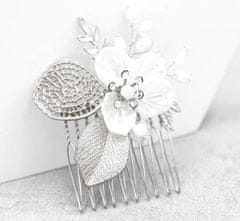 Camerazar Elegantný svadobný hrebeň so striebornými prvkami, perlami a kvetom, 8x8 cm