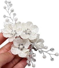 Camerazar Elegantný svadobný hrebeň do vlasov, strieborný s perlami a kvetom, 17x10 cm