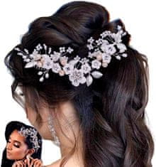 Camerazar Elegantný svadobný hrebeň do vlasov, strieborný s bielymi kvetmi a perlami, 14x8 cm