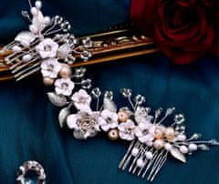 Camerazar Elegantný svadobný hrebeň do vlasov, strieborný s bielymi kvetmi a perlami, 14x8 cm
