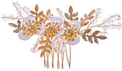Camerazar Elegantný zlatý svadobný hrebeň s bielymi kvetmi a korálkami, 11 cm x 5,5 cm