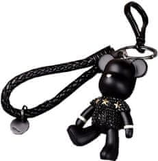 Camerazar Čierny prívesok na kľúče s medvedíkom, plast zdobený kryštálmi, remienok z ekokože, 13 cm