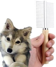 Camerazar Obojstranný kovový hrebeň pre psy a mačky s drevenou rukoväťou, strieborné zuby, odolný proti korózii