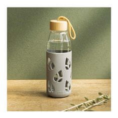 Pebbly Fľaša , PKV-002, sklenená, 550 ml, sivý silikónový obal, bambusový uzáver, 7 x 7 x 21 cm