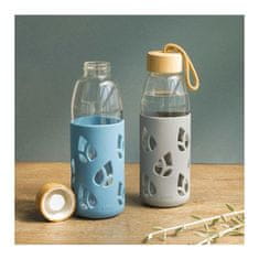 Pebbly Fľaša , PKV-001, sklenená, 550 ml, modrý silikónový obal, bambusový uzáver, 7 x 7 x 21 cm