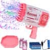 Detská bublifuková pištoľ so 69 otvormi a farebnými LED svetlami (ružová farba + roztok, nádoba, batéria s nabíjačkou) | BUBBLEPUFF