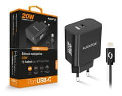 Aligator Múdra sieťová nabíjačka Power Delivery 20W, USB-C kábel pre iPhone / iPad, čierna