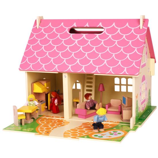 Bigjigs Toys Prenosný drevený domček pre bábiky - rozbalené