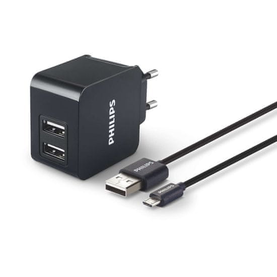 Philips cestovná nabíjačka 2 USB, 3,1 A, čierna