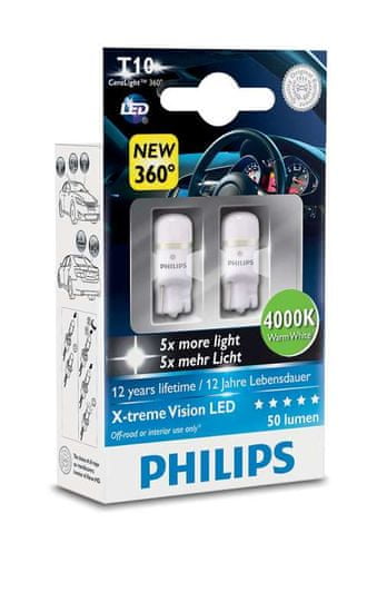Philips X-tremeVision LED T10, hrejivá biela, 4000K, 2ks