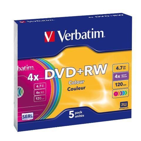 VERBATIM DVD+RW SERL 4,7GB, 4×, colour, slim case 5 ks (43297)