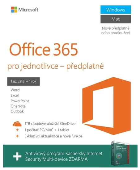 Microsoft Microsoft Office 365 pro jednotlivce + Kaspersky Internet Security Multi Device, bez média, 1 rok - pouze k zařízení (QQ2-00012)