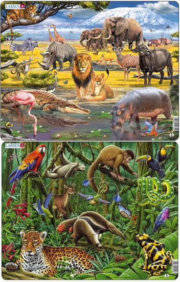 LARSEN Puzzle set Dažďový prales Južnej Ameriky a Africká savana MAXI