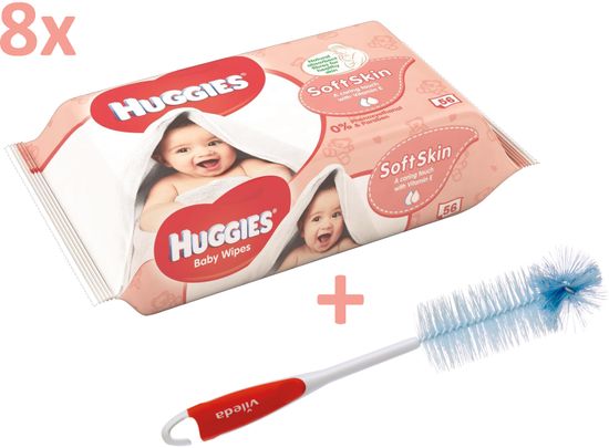 Huggies Vlhčené utierky Soft skin Quatro Pack 8×56 ks + Vileda kefa na dojčenské fľaše