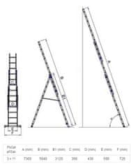 G21 3-dielny rebrík, 3 x 11 priečok, 7,6 m