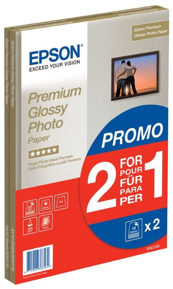 Epson Foto papier Premium Glossy, A4, 2x15 listov, 255g/m2, lesklý (C13S042169)