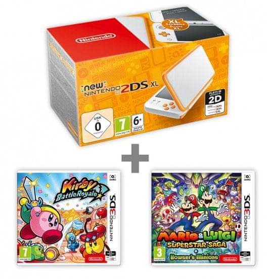 Nintendo New 2DS XL White&Orange + Kirby Battle Royale + Mario & Luigi: Supersaga - rozbalené