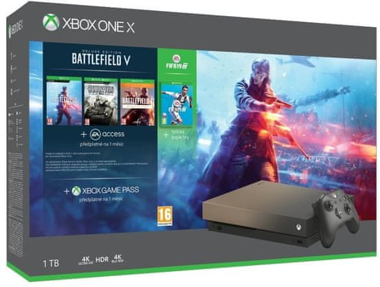 Microsoft Xbox One X 1TB Gold Rush Special Edition + Battlefield V Deluxe Edition + Battlefield 1943