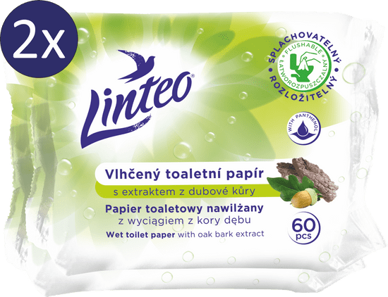 LINTEO Vlhčený toaletný papier s extraktom z dubovej kôry 2 × 60 ks splachovateľný